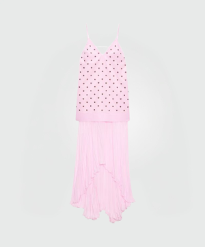 Pink sleeveless dress with a beaded bodice and a long, flowing fringe skirt.