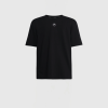 Black short-sleeve T-shirt with a small white circular logo on the chest.