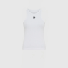 White sleeveless tank top on a torso mannequin, with a small circular black logo on the chest against a pale background.