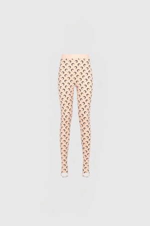 Light pink leggings with a black crescent pattern worn on a mannequin against a pale background, from waist to ankles.