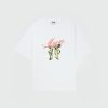 White oversized T-shirt featuring a red MSGM script logo and a yellow-and-black scarf graphic on the front.