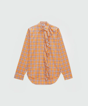 Orange plaid blouse with ruffle front placket and bow tie detailing, long sleeves, curved hem (informative fashion image).