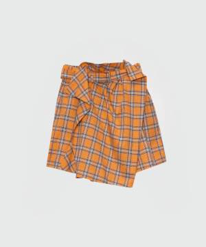 Orange plaid belt-front jacket laid flat on a light background, showing wide lapels and double-belt detail.