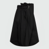 Black high-low wrap skirt with a matching belt and metal buckle on a light background