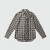 Brown, black, and white plaid button-down shirt with a diagonal front ruffle detail on the placket area.