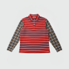 Red polo-style shirt with horizontal white and navy stripes on a red body and plaid checkered long sleeves.