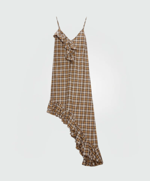 Plaid sleeveless dress with an asymmetrical ruffle hem in tan and brown tones with thin straps.
