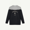 Black long-sleeve top with a gray upper yoke and printed back text reading 'MARGIELA 6 EST 1997'.