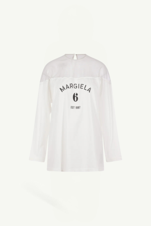 Back view of a white long-sleeve shirt with 'MARGIELA 6 EST 1997' printed in black on the upper back area, minimalist fashion top.