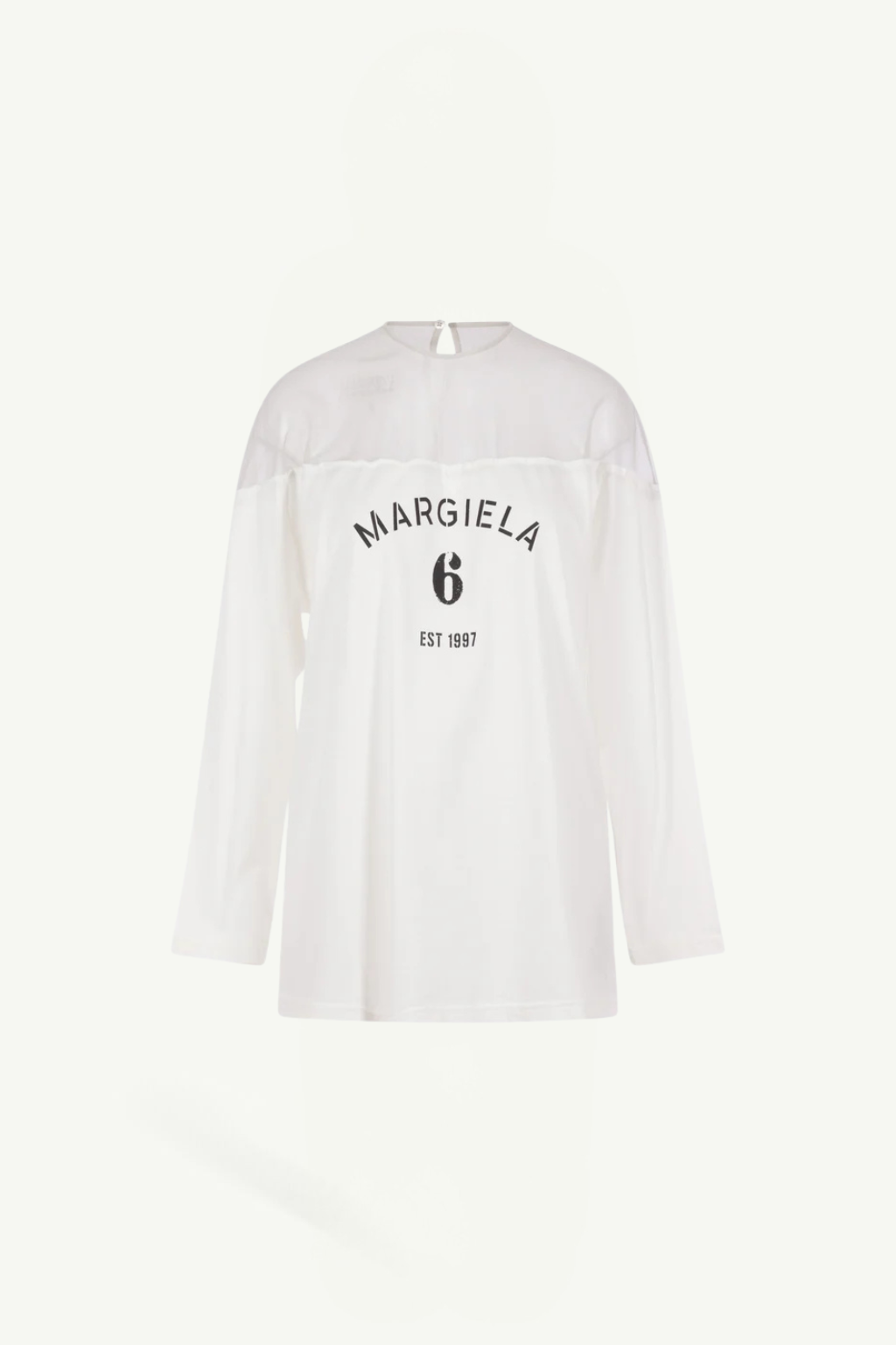 Back view of a white long-sleeve shirt with 'MARGIELA 6 EST 1997' printed in black on the upper back area, minimalist fashion top.