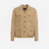 Beige button-front utility jacket with four pockets displayed on a white background, front view.