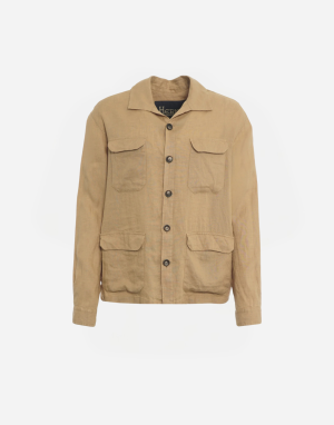 Beige button-front utility jacket with four pockets displayed on a white background, front view.