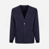 Navy cardigan with a deep V-neck, button closure, and two front pockets on a white background.