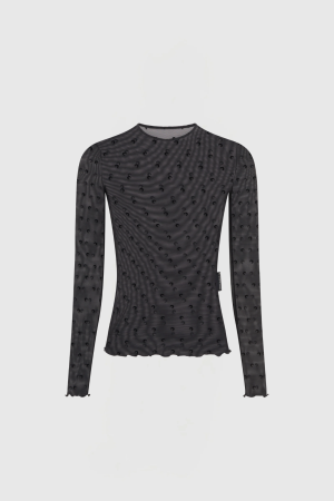 Dark gray long-sleeve shirt with a subtle repeating crescent pattern on a light background, front view.