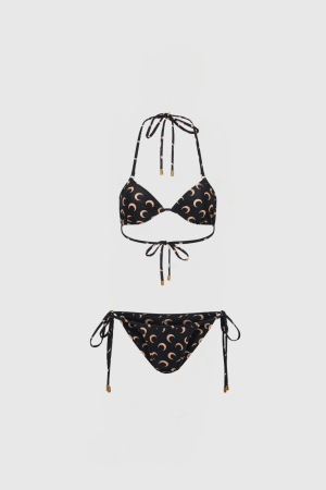 Black string bikini with peach crescent moon pattern, triangle top with tie straps and matching side-tie bottoms.