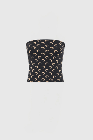 Dark, curved ottoman covered in dark fabric with a repeating beige crescent pattern