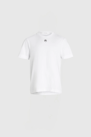 Front view of a white short-sleeve T-shirt with a small circular black logo on the chest against a neutral background.