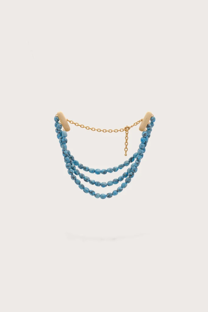 Turquoise bead multi-strand necklace with gold chain accents on a pale background.