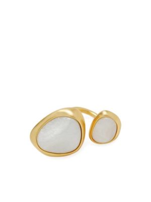 Two gold-tone rings with irregular white stone inlays, resting on a white background (a larger and a smaller ring).