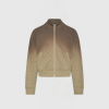Brown gradient zip-up jacket shown from the front, with a pale zipper, ribbed cuffs, and a subtle repeating pattern across the fabric.