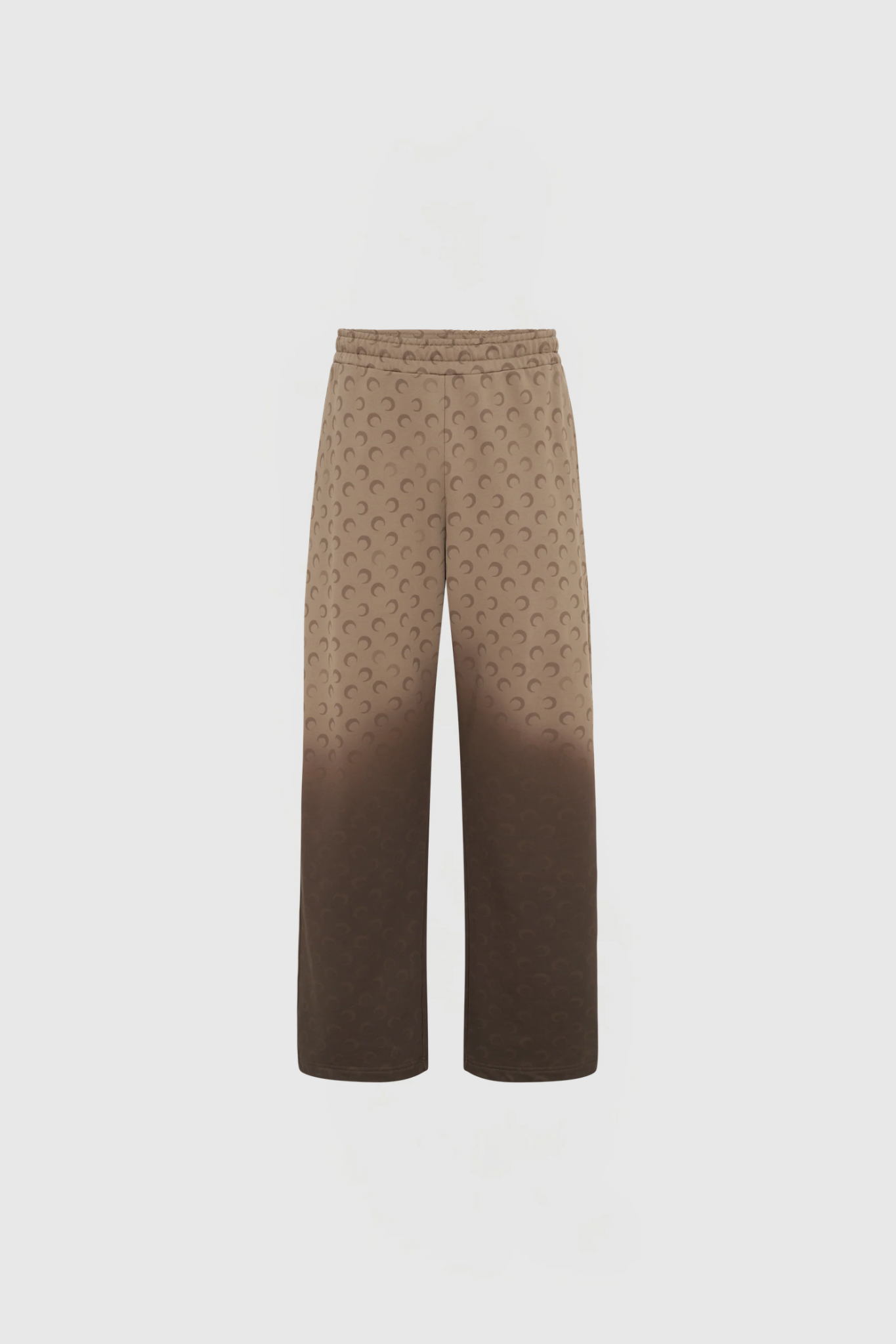 Beige trousers with a repeating brown crescent pattern shown from the waist to the lower legs against a light background.
