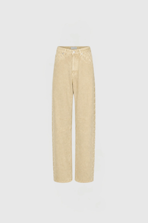Beige denim jeans with a subtle pattern along the right leg seam, shown from waist to ankles against a pale background.