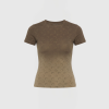 Brown short-sleeve T-shirt with a subtle crescent pattern, displayed on a gradient-toned torso form.