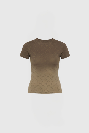 Brown short-sleeve T-shirt with a subtle crescent pattern, displayed on a gradient-toned torso form.