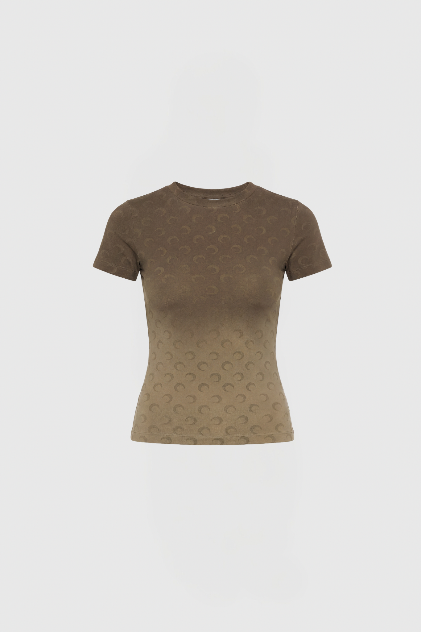 Brown short-sleeve T-shirt with a subtle crescent pattern, displayed on a gradient-toned torso form.