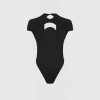 Black dress with a circular cutout neckline and ruched, cap sleeves on a mannequin/torso form.