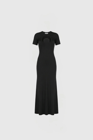Black floor-length dress with short sleeves and a large circular cutout at the chest on a black silhouette