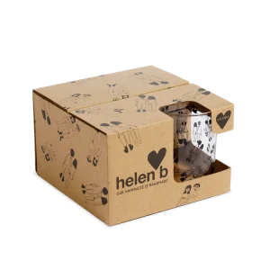 Helen B cardboard gift box with illustrated silhouettes; a decorated glass is visible through a side window cutout
