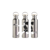 Triptych illustration of a girl running across three stainless steel water bottles, reaching for a cake on the left.