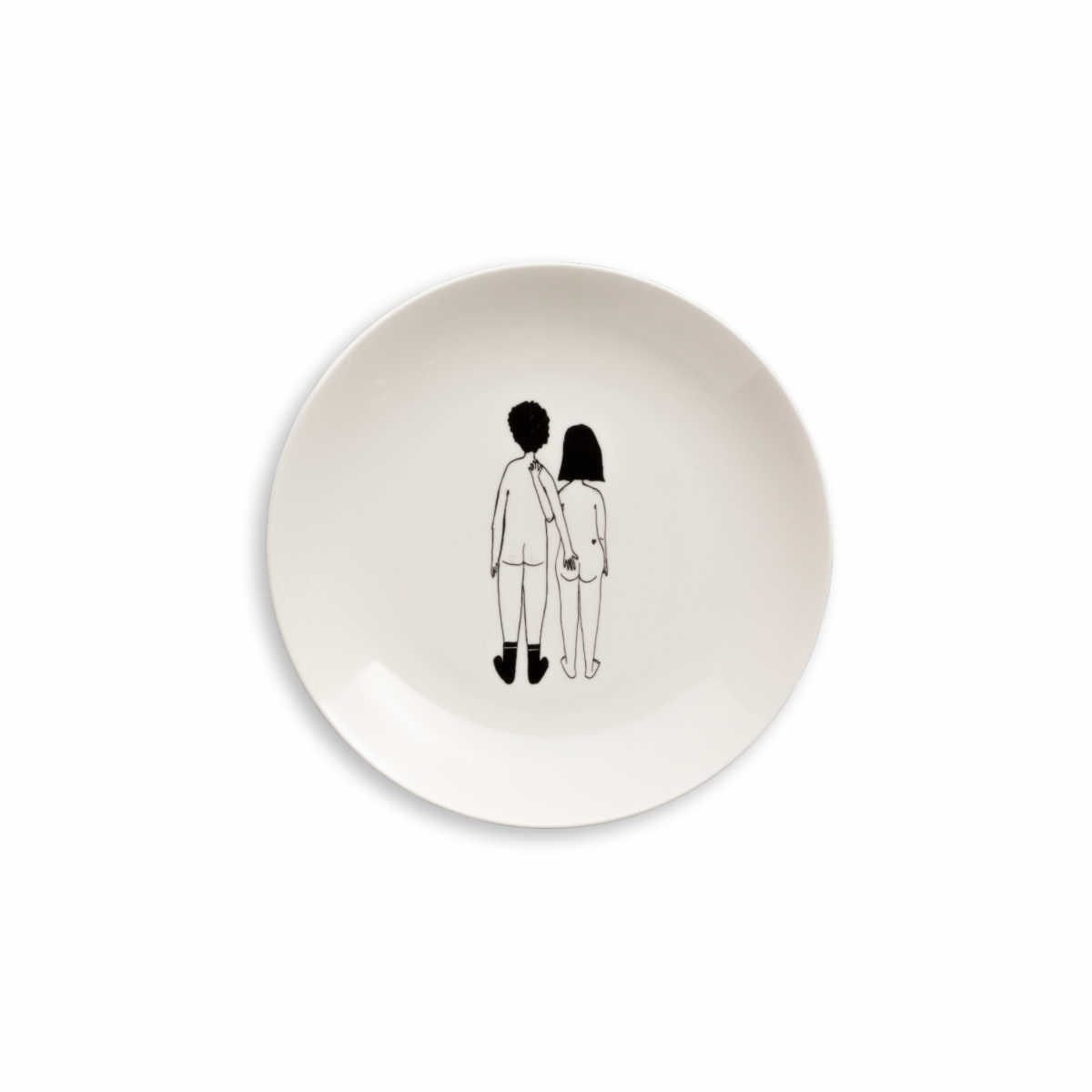 Plate with a simple black-and-white line drawing of a couple holding hands, seen from behind, facing away from the viewer.
